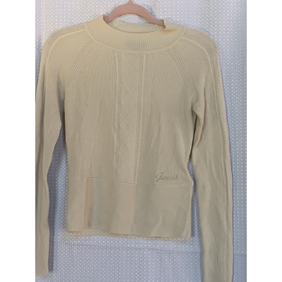 Guess Sweater Wide Rib Vanilla Blush Gold Logo Women's Sz S‎ Soft Warm Cozy - Picture 1 of 6